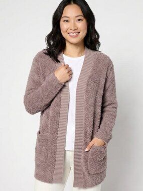 Barefoot Dreams CozyChic Cardigan XS Driftwood Open Front Plush Ribbed Trim
